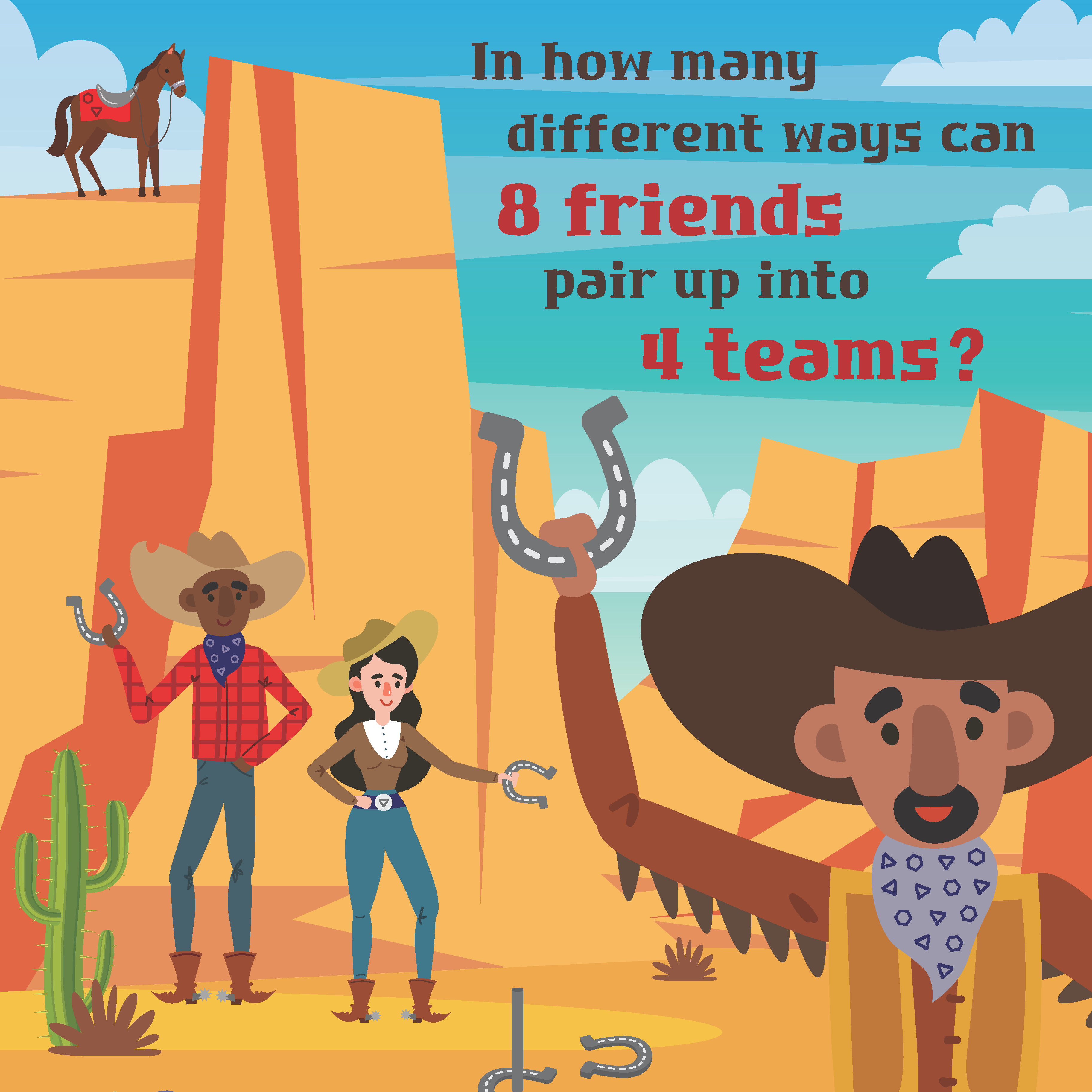 3 cowboys and 1 cowgirl playing horseshoes in the desert