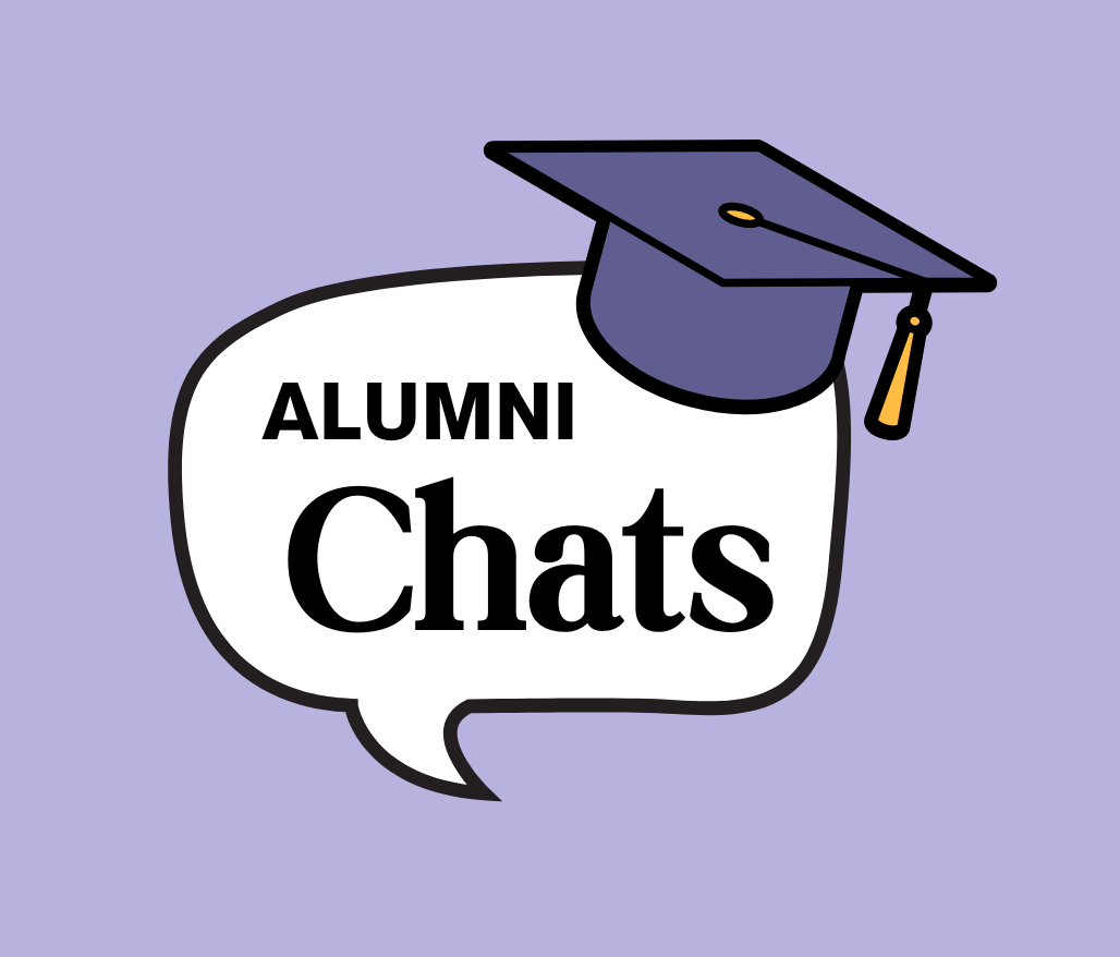 Graphic of speech bubble with grad cap. Text: Alumni Chats
