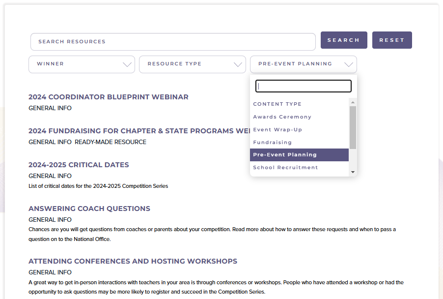 screenshot of online resource library