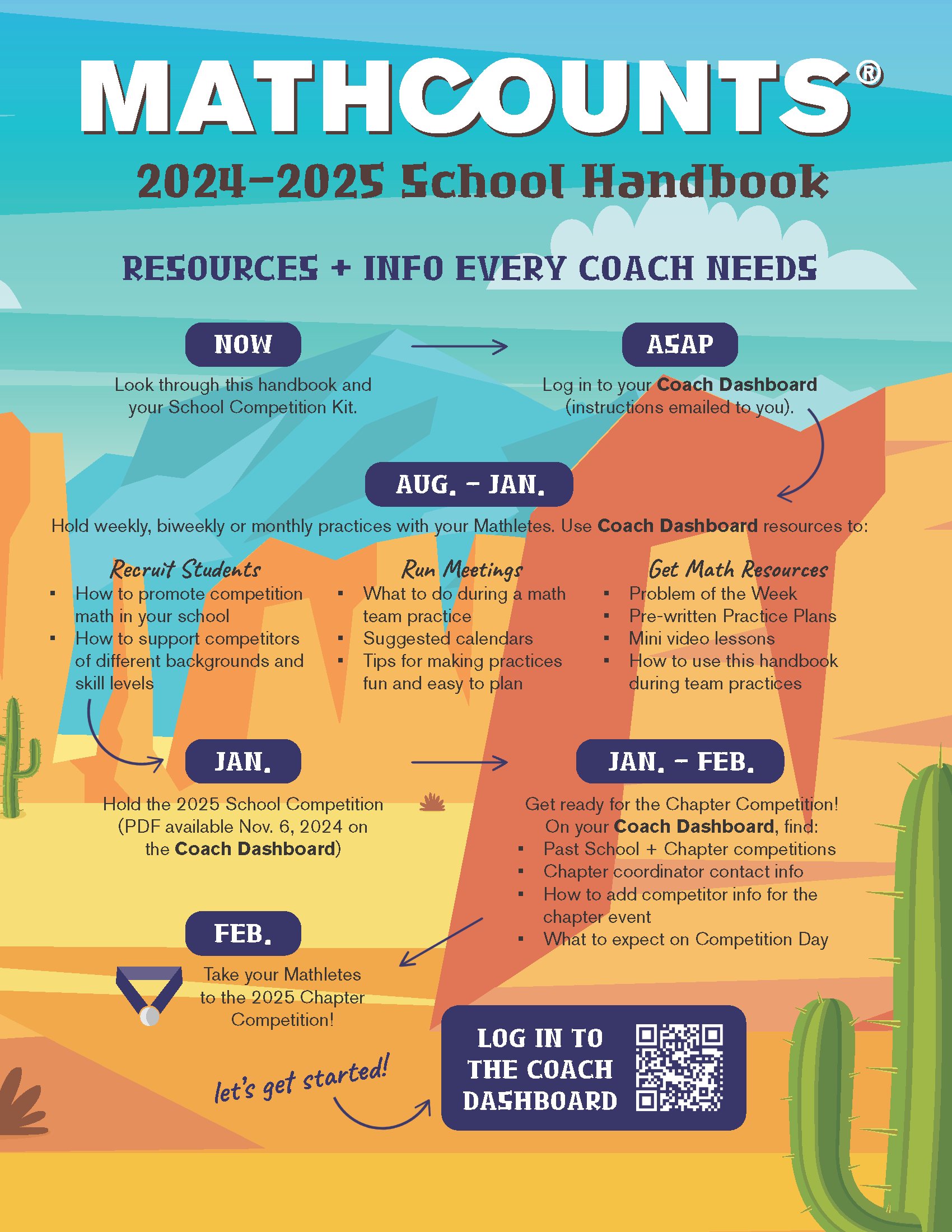 24-25 MATHCOUNTS School Handbook Cover: text ontop of a canyon desert scene