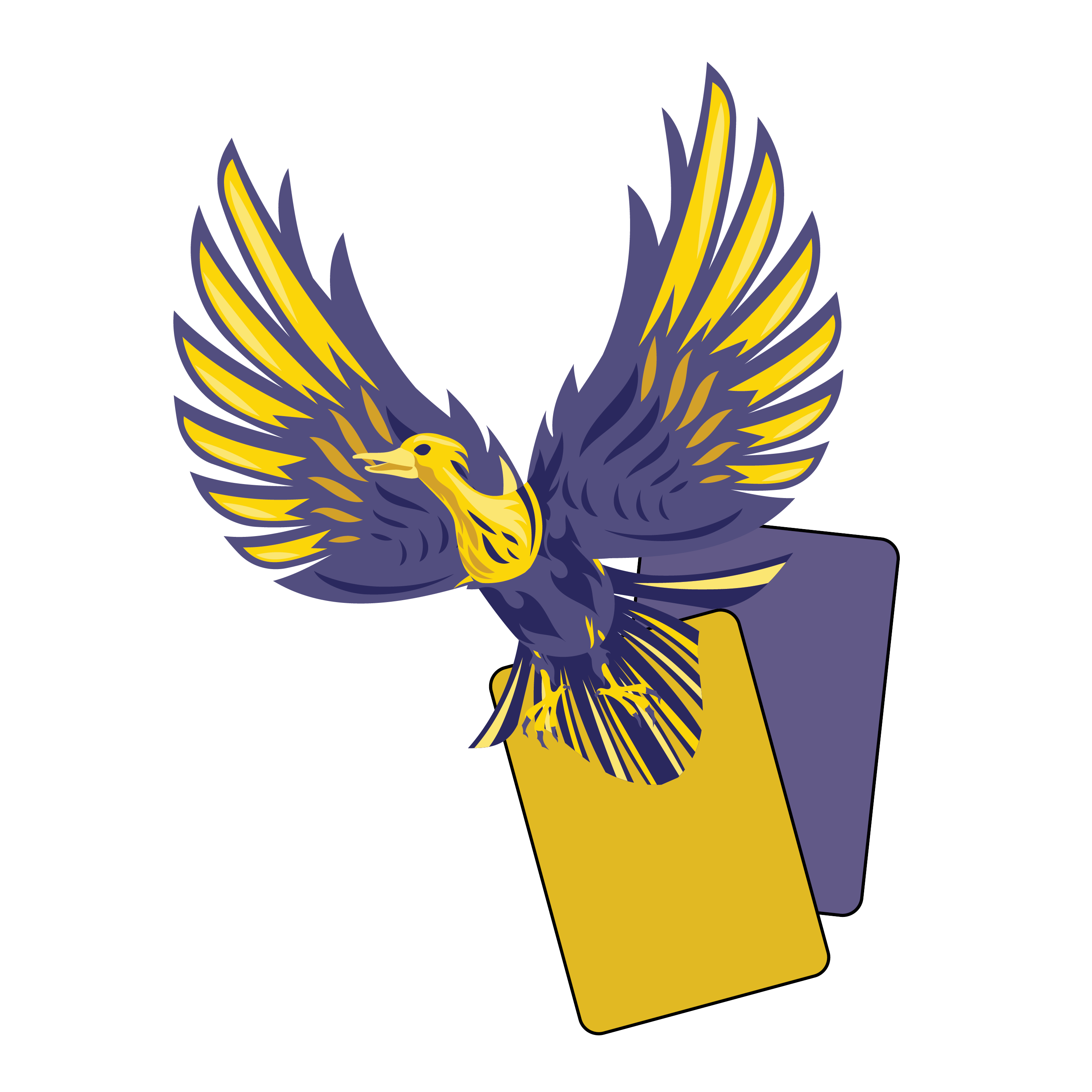 a purple and yellow phoenix holding 2 playing cards